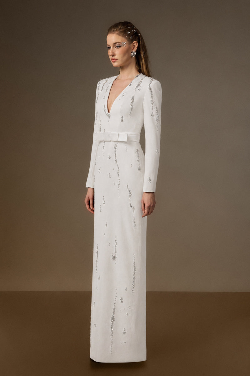 SERAPHINA WHITE EMBELLISHED V-NECK COLUMN GOWN