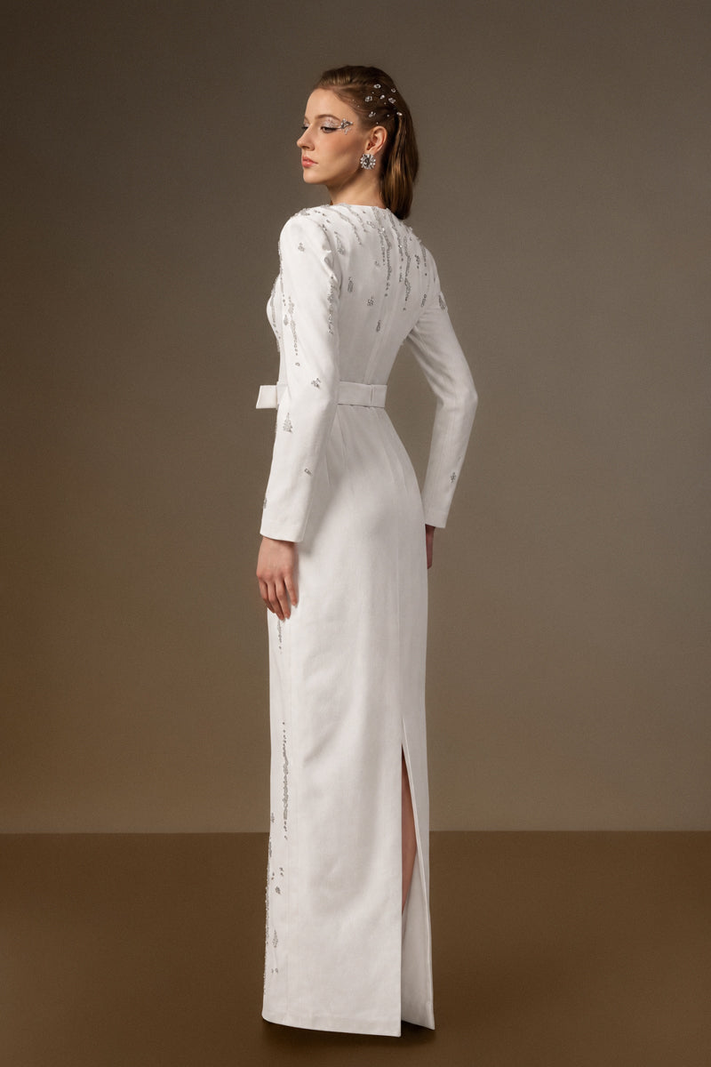 SERAPHINA WHITE EMBELLISHED V-NECK COLUMN GOWN