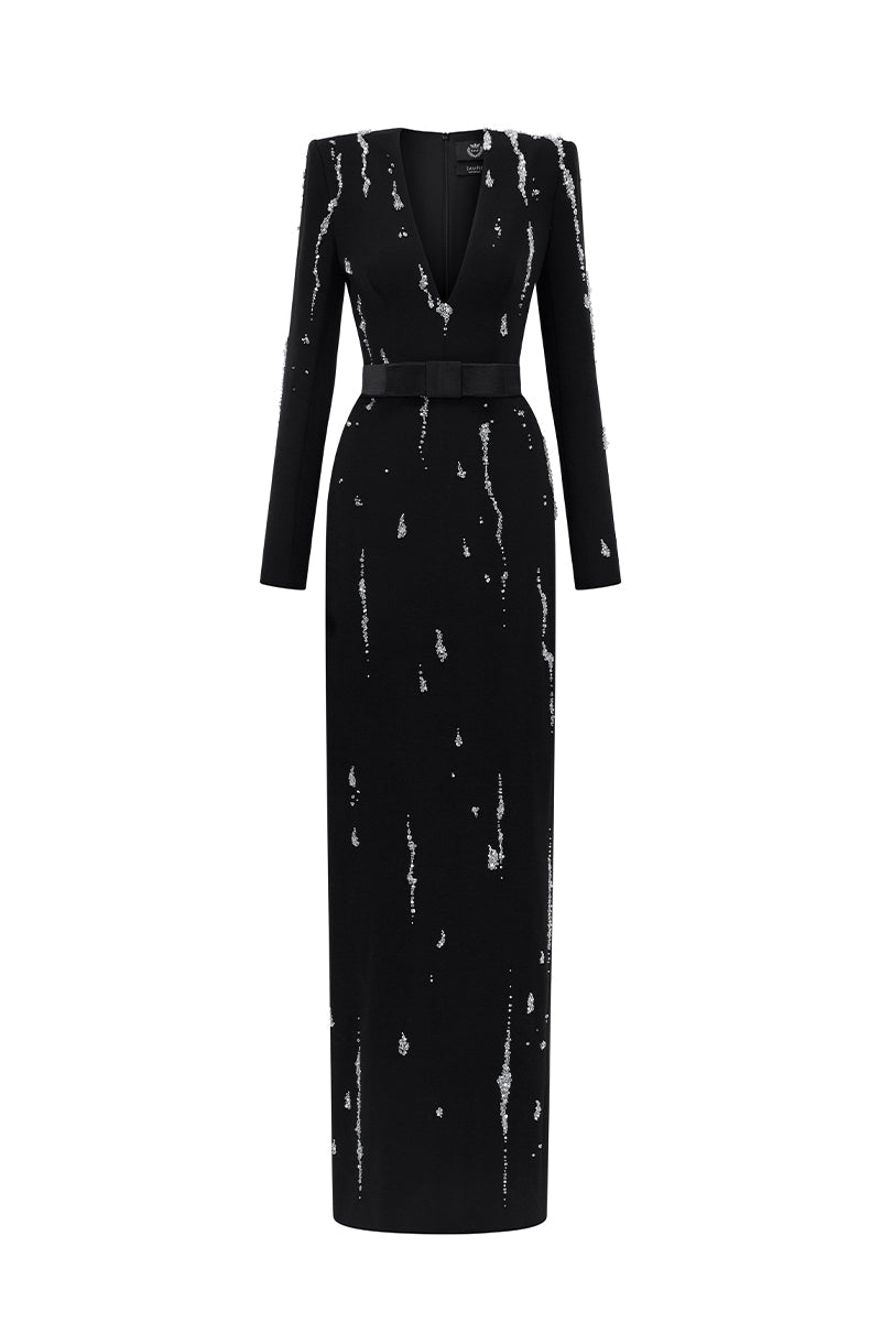 SERAPHINA BLACK EMBELLISHED V-NECK COLUMN GOWN