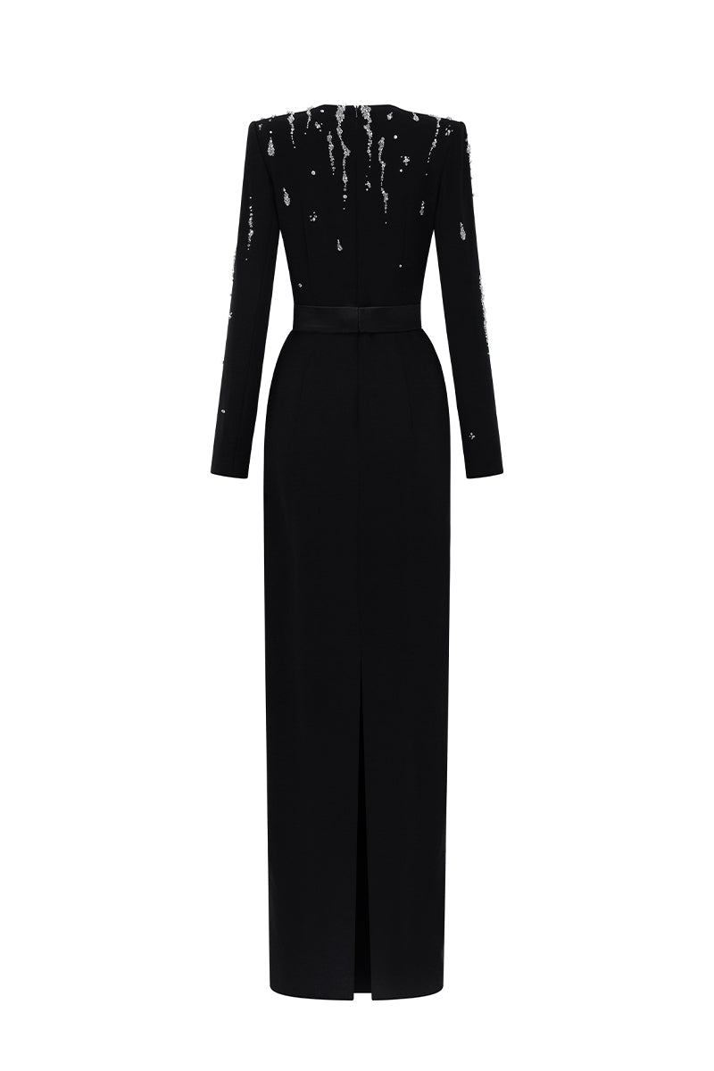SERAPHINA BLACK EMBELLISHED V-NECK COLUMN GOWN