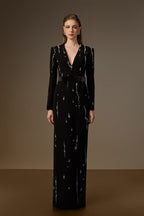SERAPHINA BLACK EMBELLISHED V-NECK COLUMN GOWN