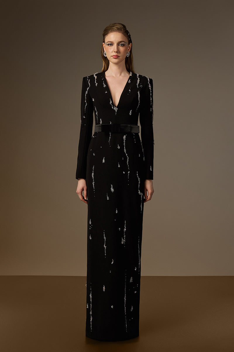 SERAPHINA BLACK EMBELLISHED V-NECK COLUMN GOWN