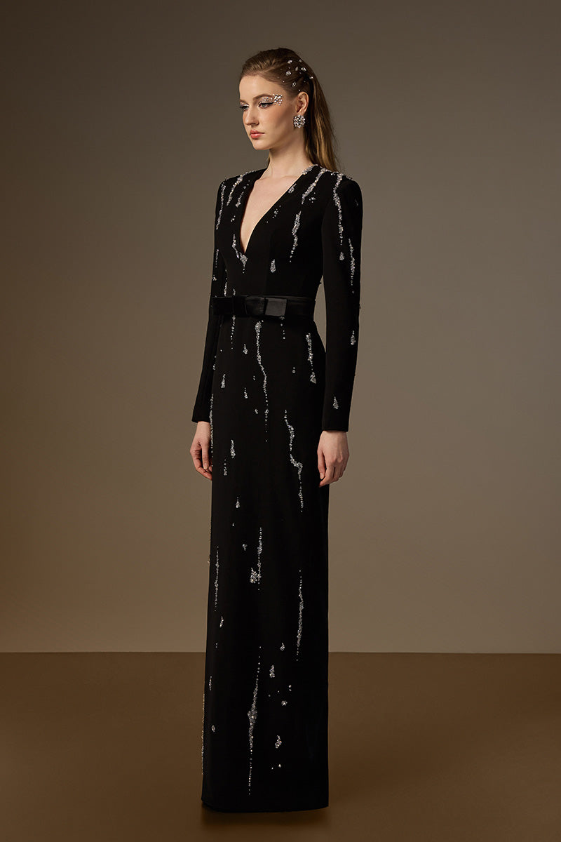 SERAPHINA BLACK EMBELLISHED V-NECK COLUMN GOWN
