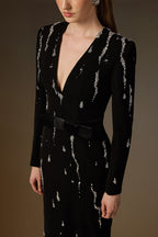 SERAPHINA BLACK EMBELLISHED V-NECK COLUMN GOWN
