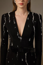 SERAPHINA BLACK EMBELLISHED V-NECK COLUMN GOWN