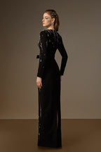 SERAPHINA BLACK EMBELLISHED V-NECK COLUMN GOWN
