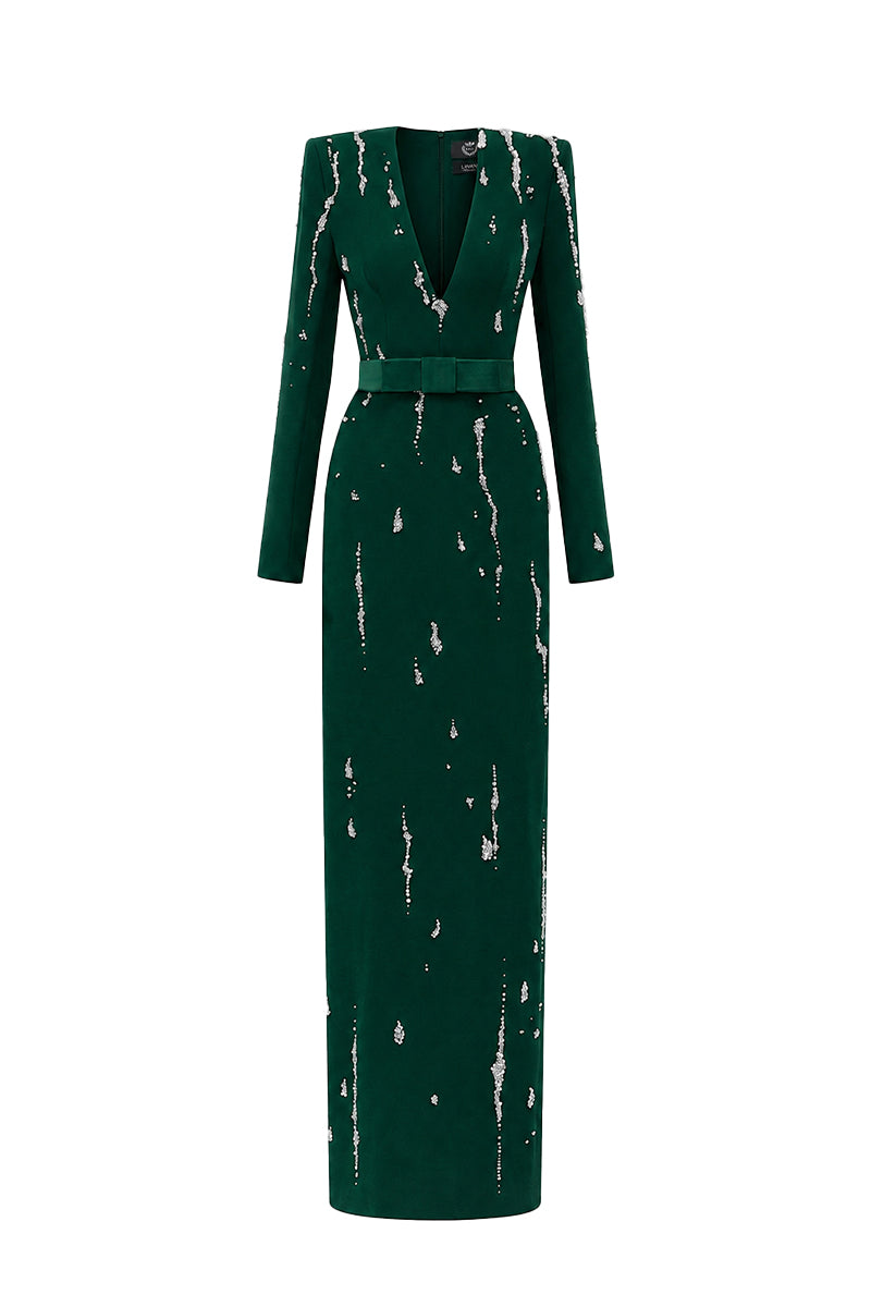 SERAPHINA DARK GREEN EMBELLISHED V-NECK COLUMN GOWN
