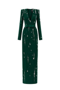 SERAPHINA DARK GREEN EMBELLISHED V-NECK COLUMN GOWN