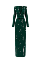 SERAPHINA DARK GREEN EMBELLISHED V-NECK COLUMN GOWN