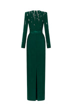 SERAPHINA DARK GREEN EMBELLISHED V-NECK COLUMN GOWN