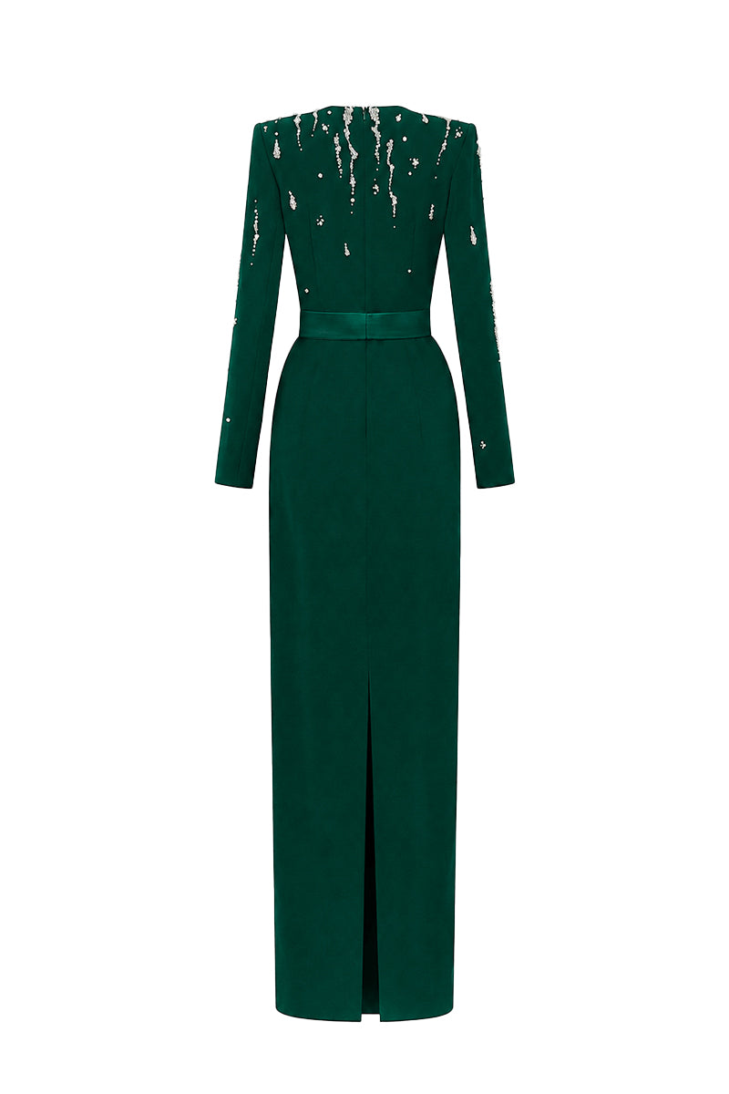 SERAPHINA DARK GREEN EMBELLISHED V-NECK COLUMN GOWN