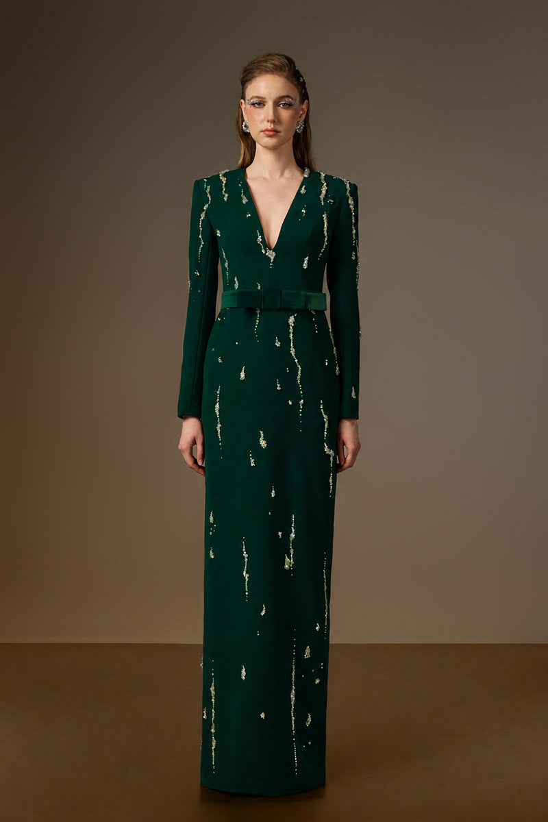 SERAPHINA DARK GREEN EMBELLISHED V-NECK COLUMN GOWN