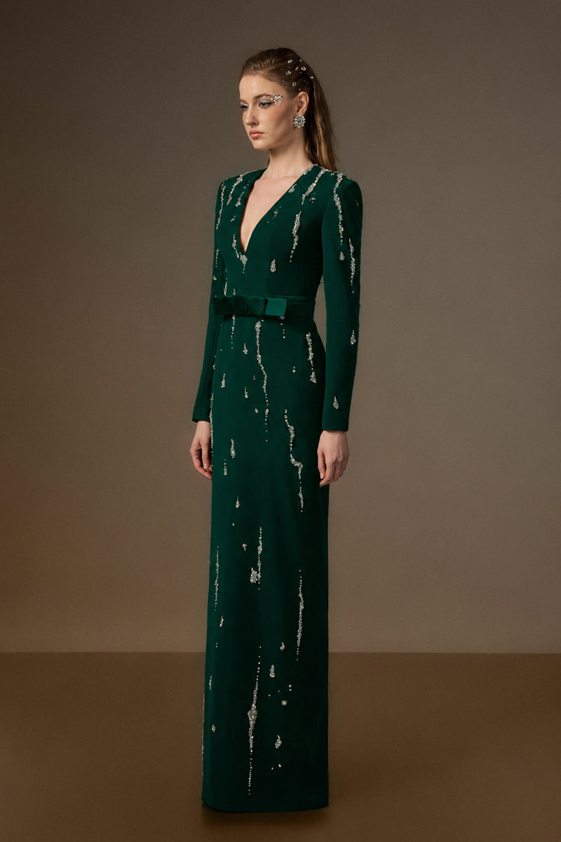 SERAPHINA DARK GREEN EMBELLISHED V-NECK COLUMN GOWN