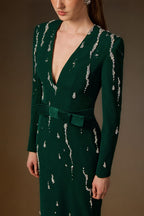 SERAPHINA DARK GREEN EMBELLISHED V-NECK COLUMN GOWN