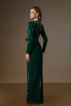 SERAPHINA DARK GREEN EMBELLISHED V-NECK COLUMN GOWN