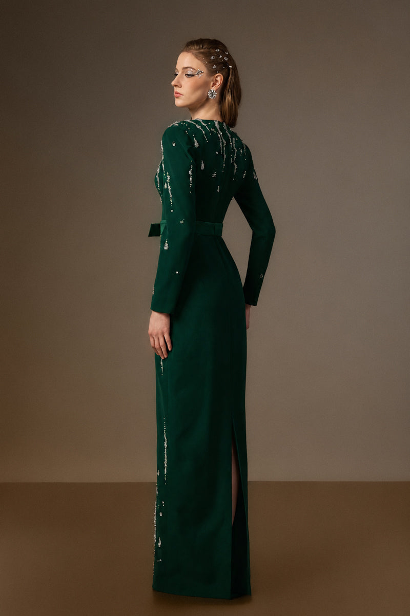 SERAPHINA DARK GREEN EMBELLISHED V-NECK COLUMN GOWN