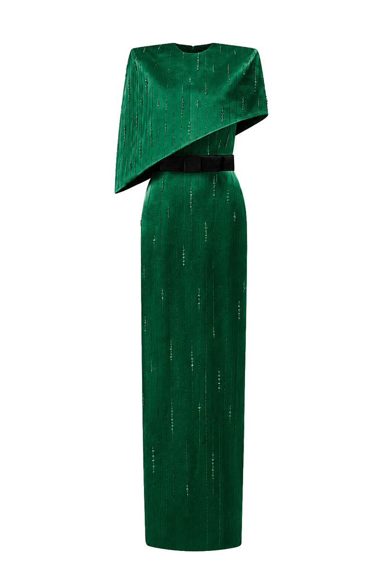 VALENTINA DARK GREEN METALLIC ASYMMETRIC CAPE GOWN