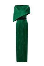 VALENTINA DARK GREEN METALLIC ASYMMETRIC CAPE GOWN