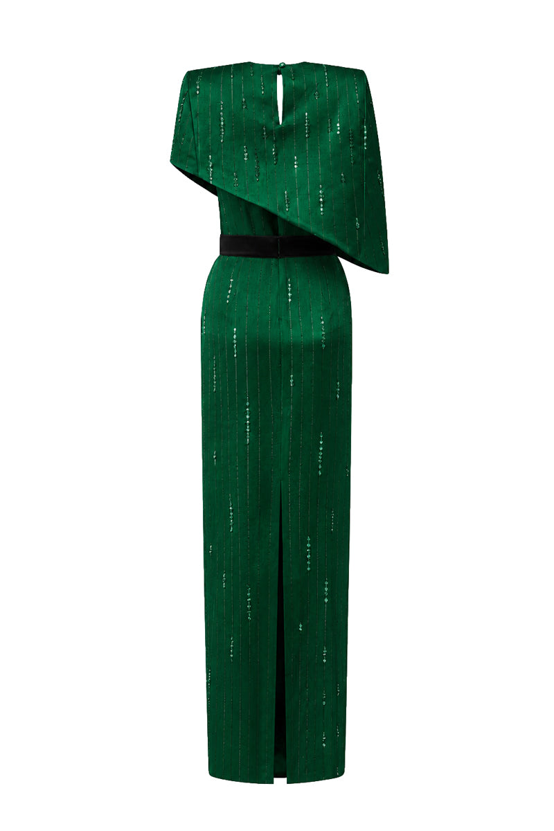 VALENTINA DARK GREEN METALLIC ASYMMETRIC CAPE GOWN