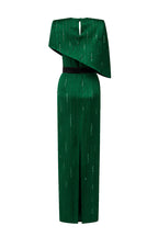 VALENTINA DARK GREEN METALLIC ASYMMETRIC CAPE GOWN