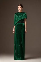 VALENTINA DARK GREEN METALLIC ASYMMETRIC CAPE GOWN
