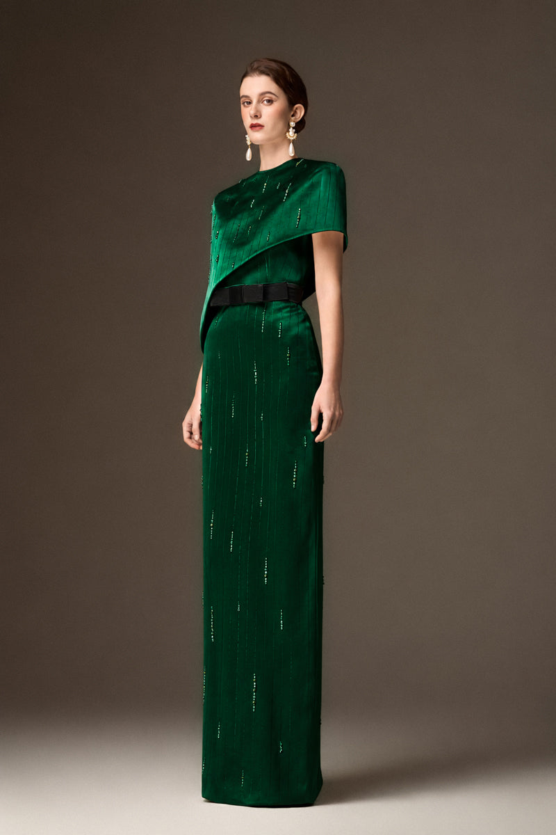 VALENTINA DARK GREEN METALLIC ASYMMETRIC CAPE GOWN