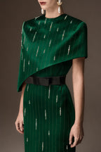 VALENTINA DARK GREEN METALLIC ASYMMETRIC CAPE GOWN