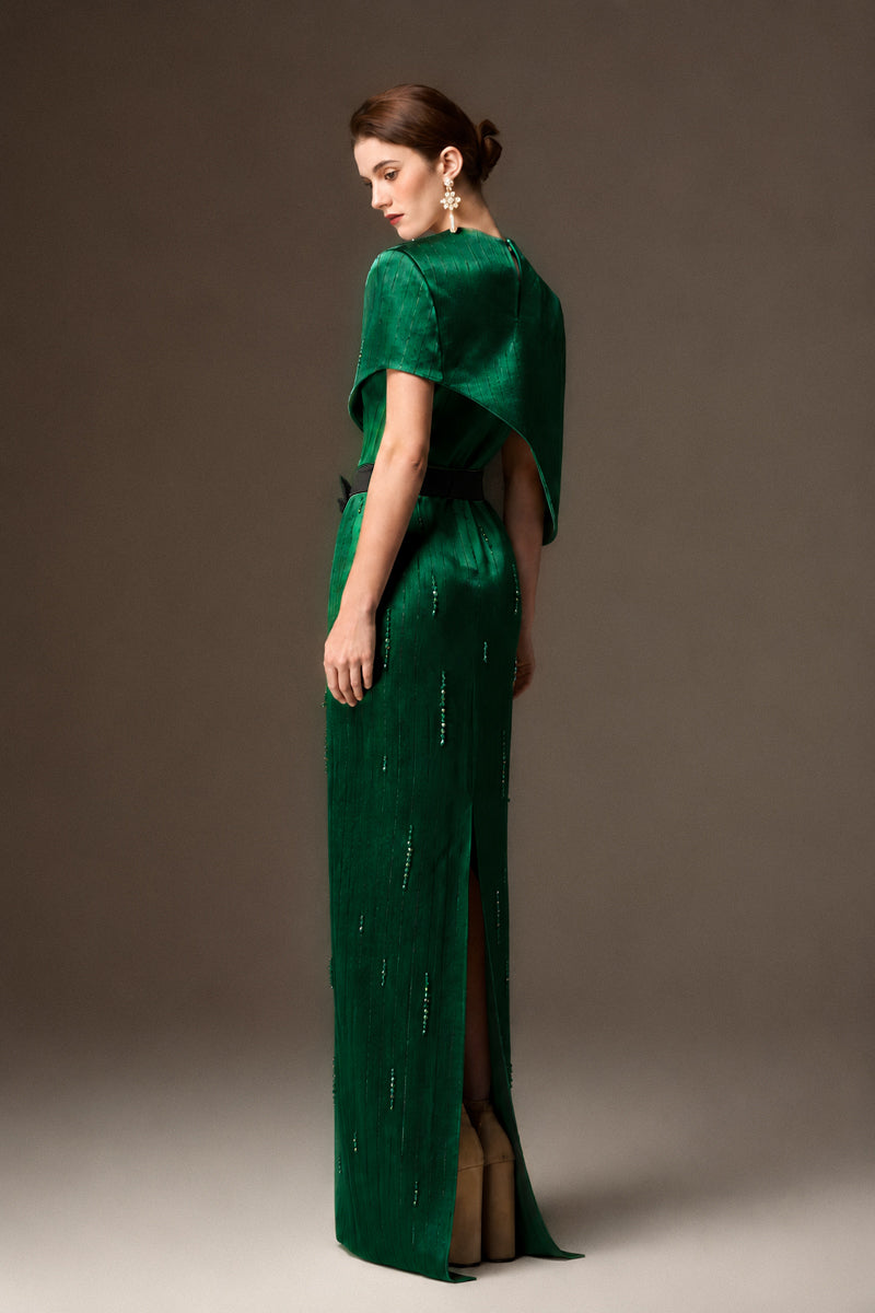 VALENTINA DARK GREEN METALLIC ASYMMETRIC CAPE GOWN