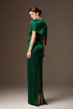 VALENTINA DARK GREEN METALLIC ASYMMETRIC CAPE GOWN
