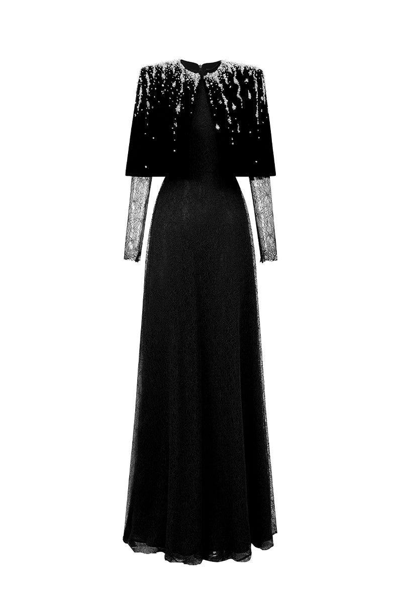 VIVIENNE BLACK MINI CAPE LACE A-LINE GOWN