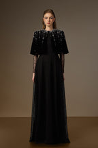 VIVIENNE BLACK MINI CAPE LACE A-LINE GOWN