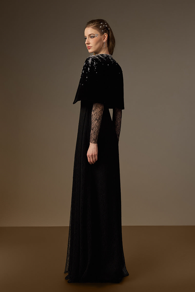 VIVIENNE BLACK MINI CAPE LACE A-LINE GOWN