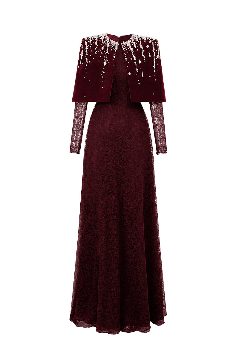 VIVIENNE BURGUNDY MINI CAPE LACE A-LINE GOWN