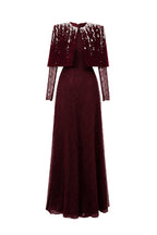 VIVIENNE BURGUNDY MINI CAPE LACE A-LINE GOWN