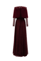 VIVIENNE BURGUNDY MINI CAPE LACE A-LINE GOWN