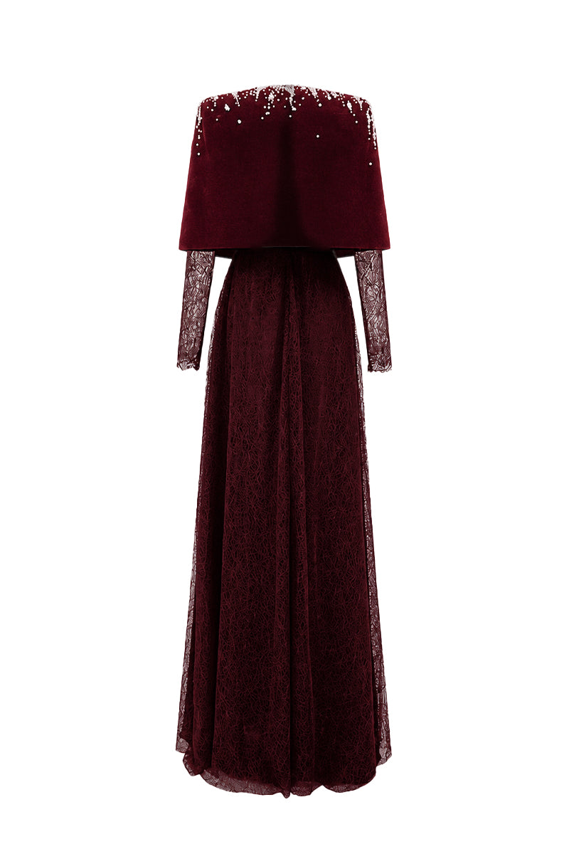 VIVIENNE BURGUNDY MINI CAPE LACE A-LINE GOWN