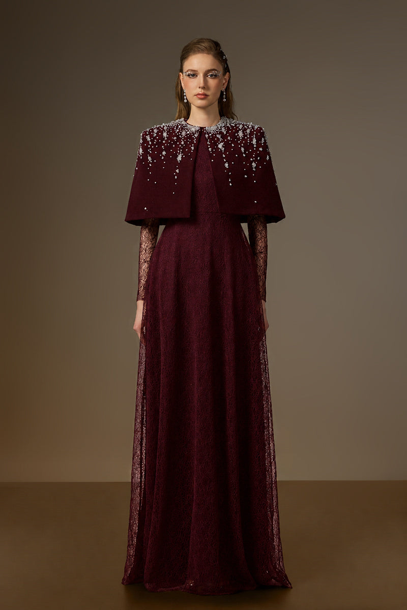 VIVIENNE BURGUNDY MINI CAPE LACE A-LINE GOWN