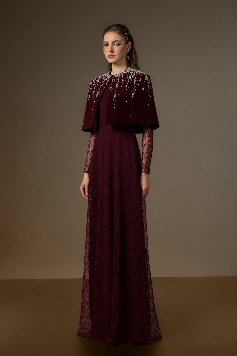 VIVIENNE BURGUNDY MINI CAPE LACE A-LINE GOWN