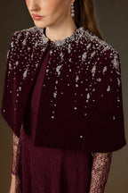 VIVIENNE BURGUNDY MINI CAPE LACE A-LINE GOWN
