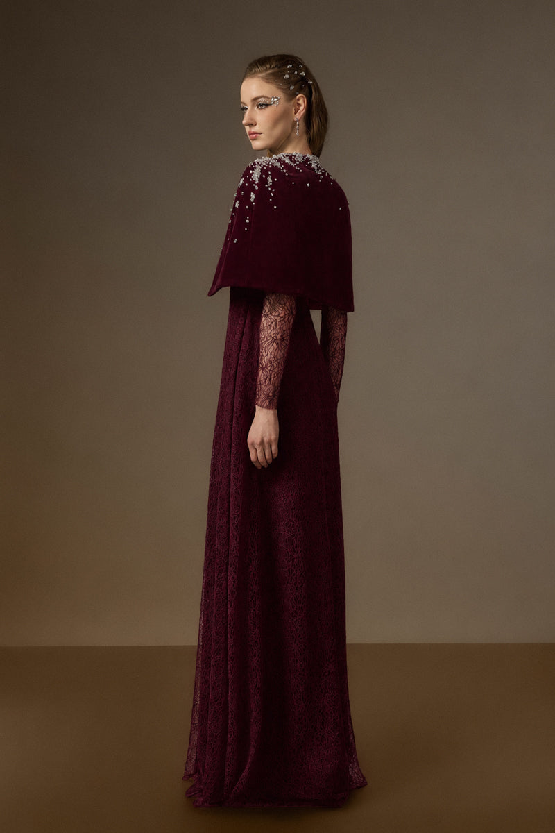 VIVIENNE BURGUNDY MINI CAPE LACE A-LINE GOWN