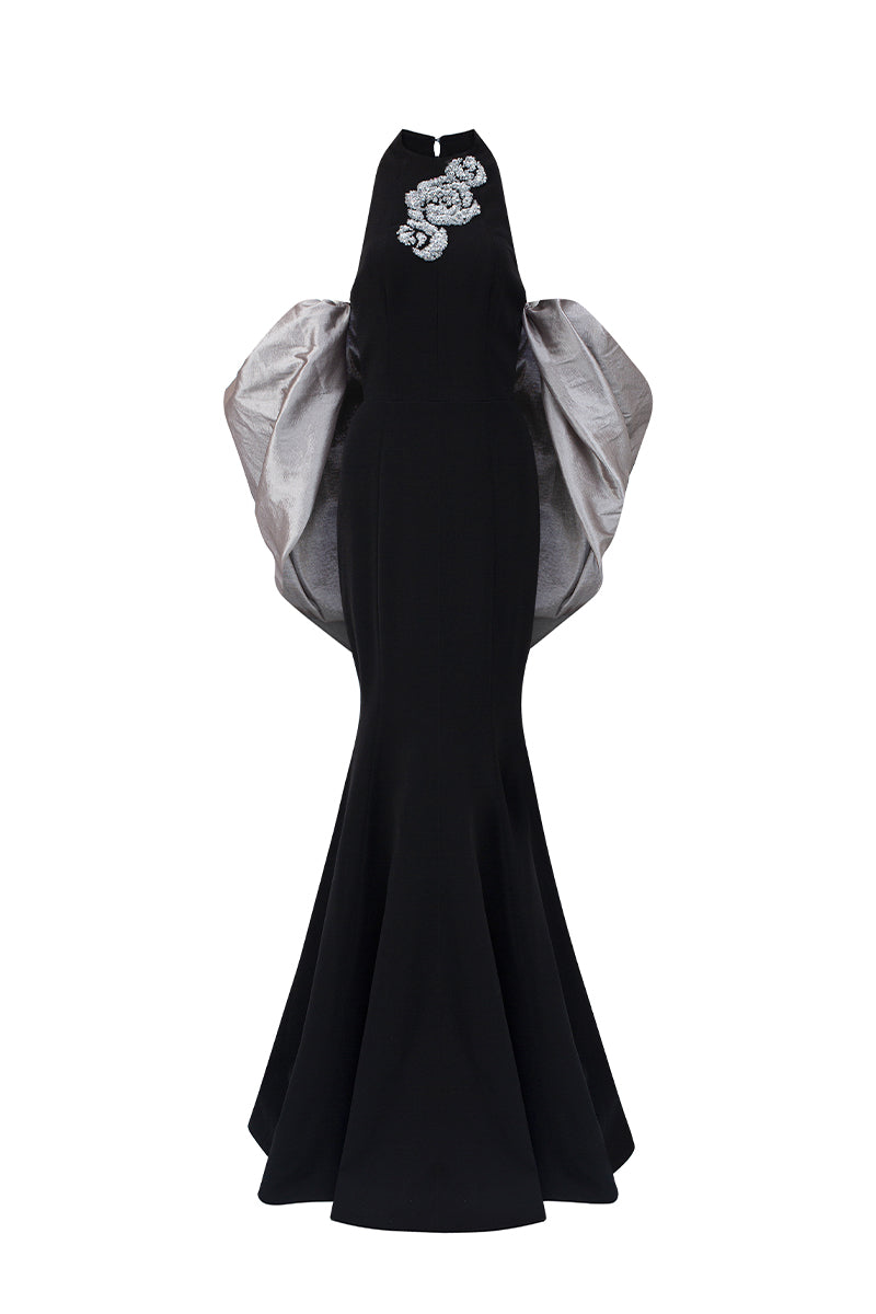 JESSICA BLACK AND SILVER DRAPED TRAIN MERMAID GOWN