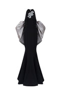JESSICA BLACK AND SILVER DRAPED TRAIN MERMAID GOWN