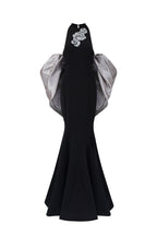 JESSICA BLACK AND SILVER DRAPED TRAIN MERMAID GOWN