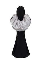 JESSICA BLACK AND SILVER DRAPED TRAIN MERMAID GOWN