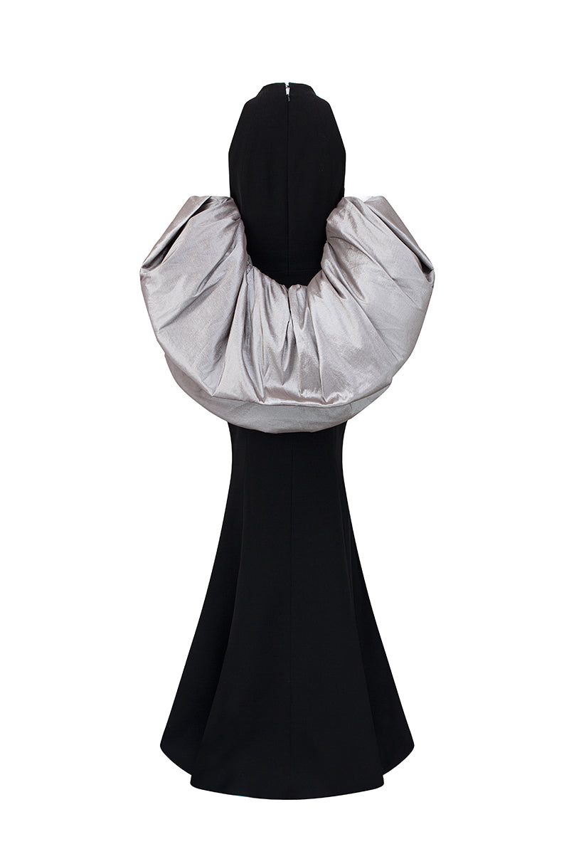 JESSICA BLACK AND SILVER DRAPED TRAIN MERMAID GOWN
