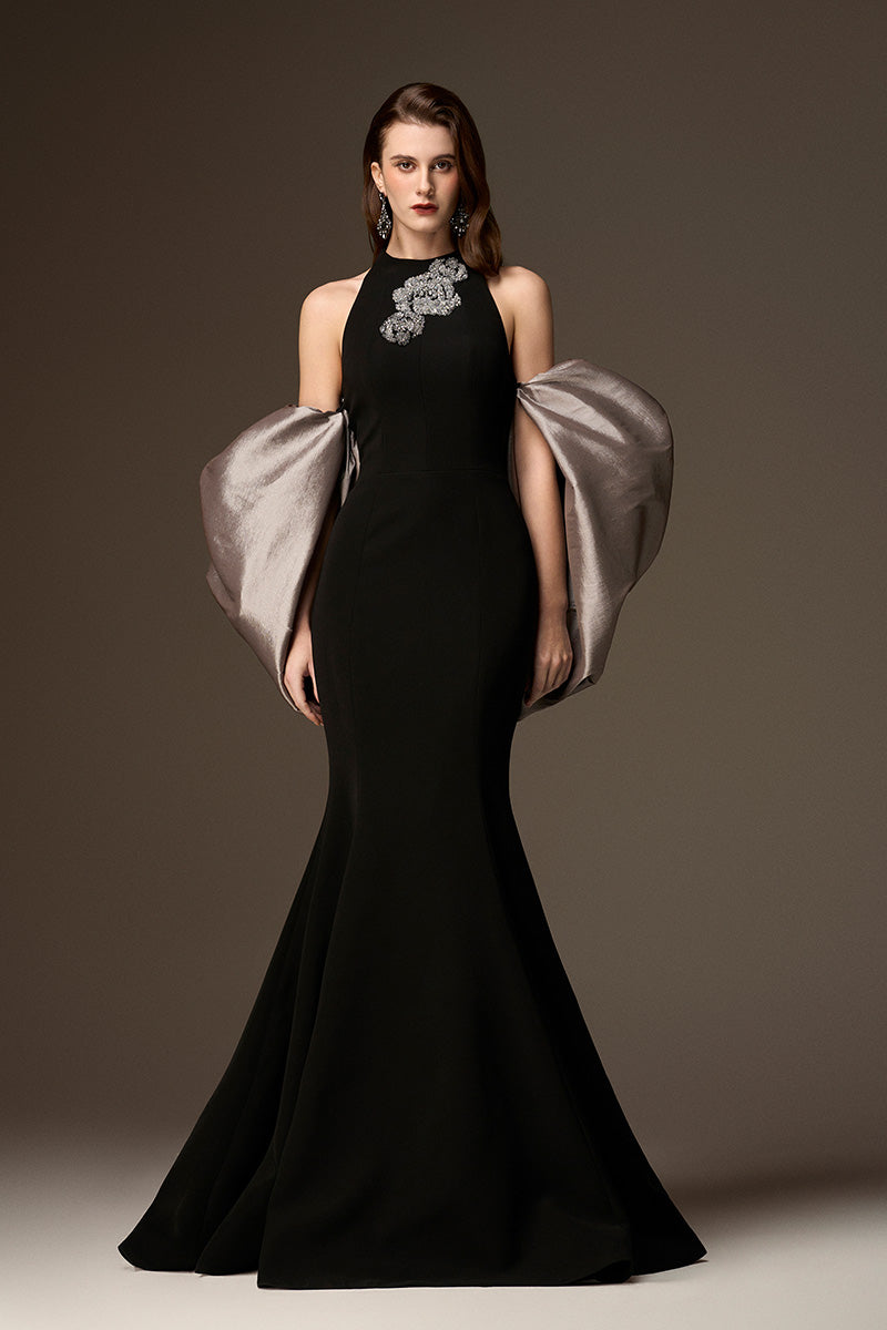 JESSICA BLACK AND SILVER DRAPED TRAIN MERMAID GOWN
