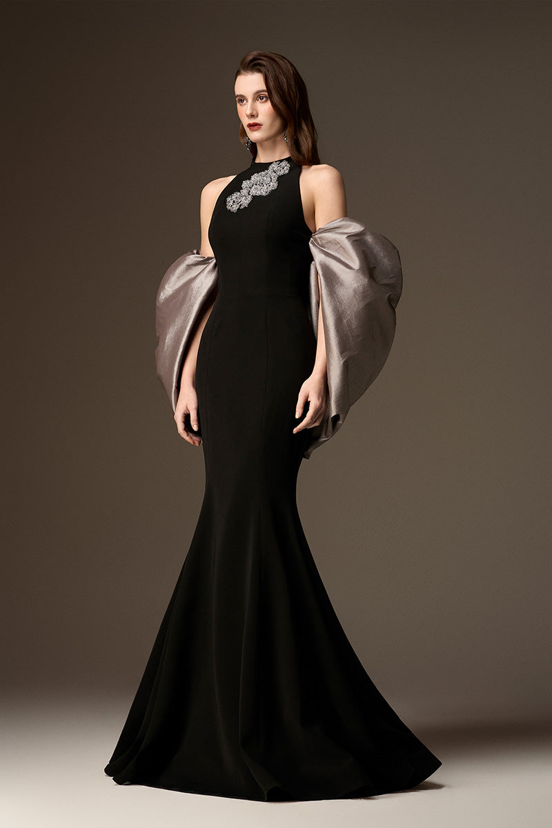 JESSICA BLACK AND SILVER DRAPED TRAIN MERMAID GOWN