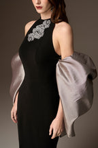 JESSICA BLACK AND SILVER DRAPED TRAIN MERMAID GOWN