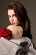 JESSICA BLACK AND SILVER DRAPED TRAIN MERMAID GOWN