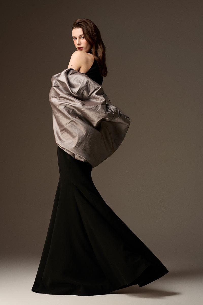 JESSICA BLACK AND SILVER DRAPED TRAIN MERMAID GOWN